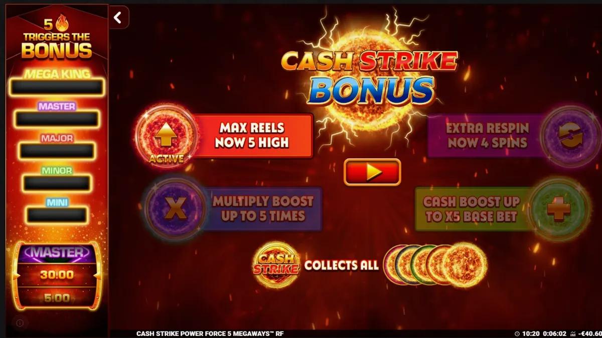 Interface do jogo Cash Strike Power Force 5 Megaways com símbolos de frutas e painel de coleta